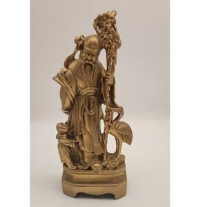 VTG Chinese God Statue Resin or brass? heavy and signed, possibly Longevity God.